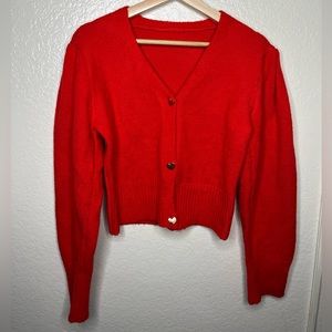 Vintage Handmade Women’s Red Cardigan with Gold Heart Buttons